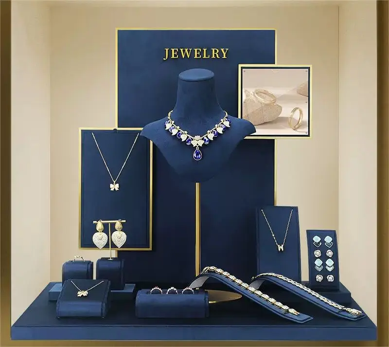 VANLOCY factory custom shop blue new jewelry necklace ring pendant bracelet bracelet metal display stand set