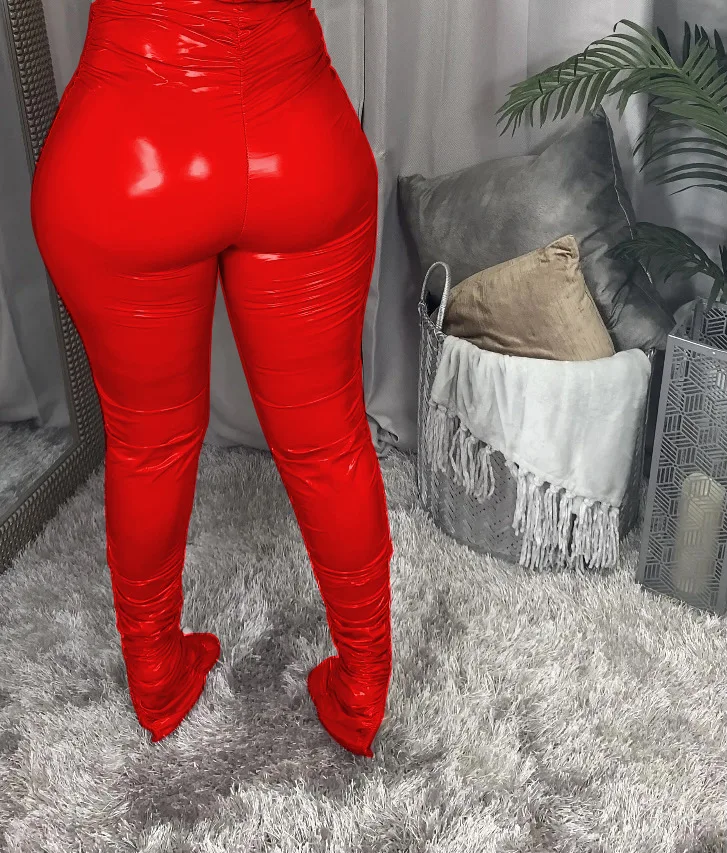 Liu Ming Fall Winter Women Fashion Streetwear High Waist Faux Leather Trousers Solid Color Stacked Leather Pants