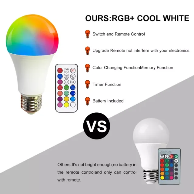 Dimmable Timer Function 16 Colors Warm White Daylight Colorful 7W E26 E27 B22 LED Remote Control RGB Bulb