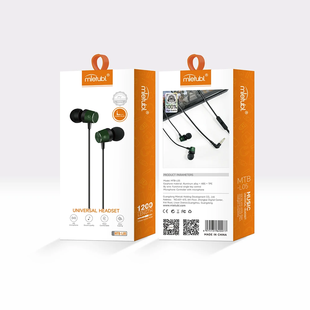 MTB-L05 hot sale cheap price headset 3.5MM bend connector in-ear earphone for mobile