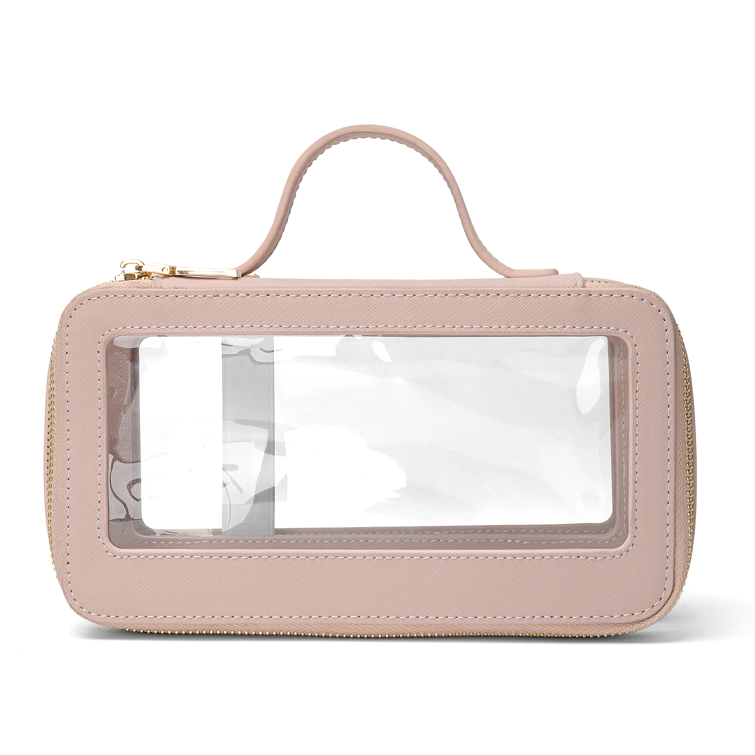 Double layered long bread shape leather makeup bag clear pouch waterproof zipper  bathroom handheld  cosmetic bags & cases