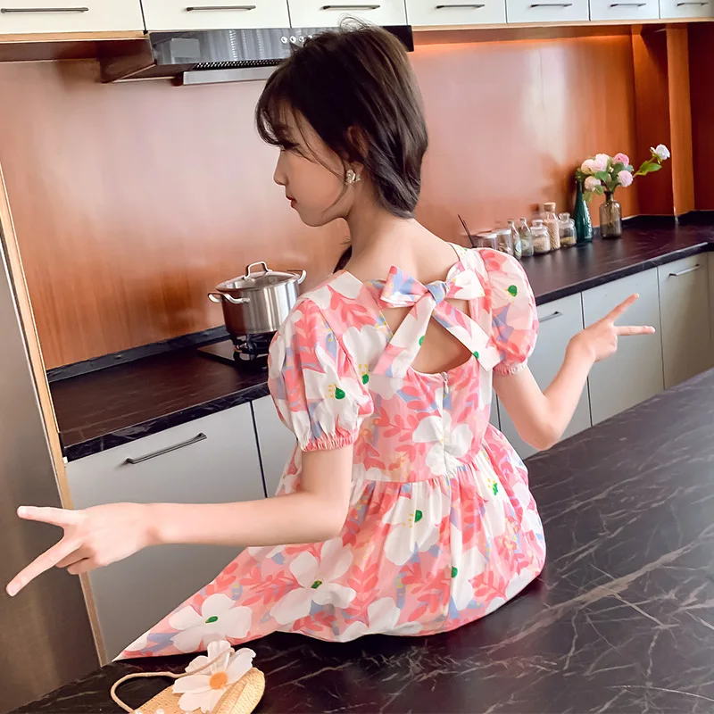 2022 Summer New Design Kids Girls Dress 4-9 Year old Short Sleeve Girl Dress with Free Flower Bag