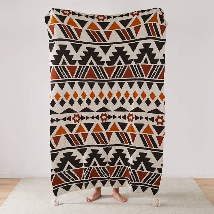 F-1377 outdoor bohemian geometric jacquard woven throw blanket custom logo moving blankets knit turkey blankets with tassel
