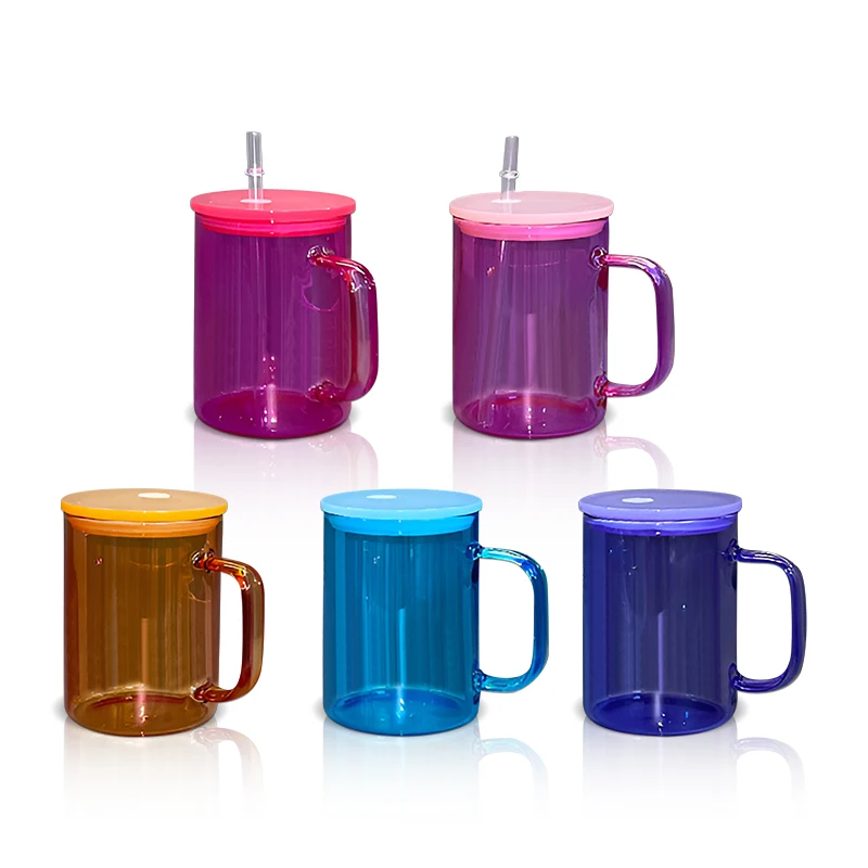 AGH USA China Warehouse 15oz Colorful jelly Sublimation Glass Mug glass beer can With Handle with Colored Lids for DIY Printing