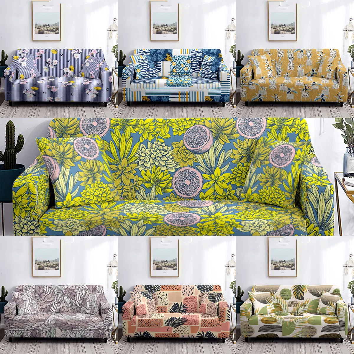 Magic Green Geometry Extensible Sofa L shape Couch Cover Yellow Sunflower Living Room 3 Seat Sofa Cover