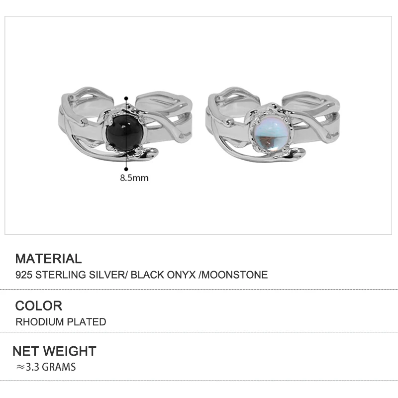 WuQie Black Onyx Rings and Synthetic Moonstone Open Ring 925 Sterling Silver Gemstone Ring