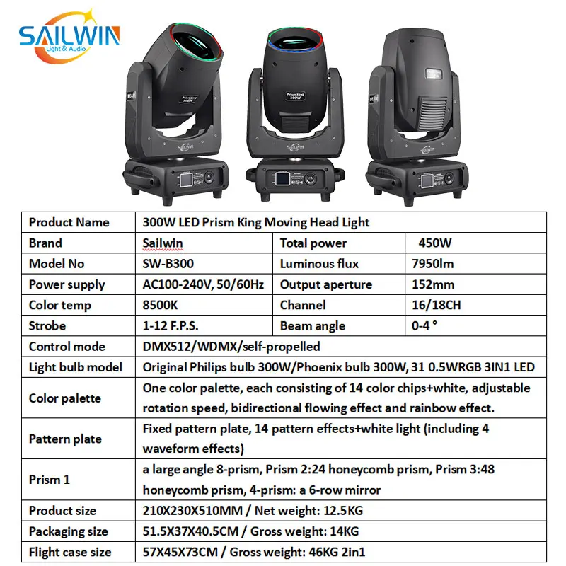 SAILWIN 300W Lyre 15R Moving Head Light UV LED Ring 4 Prism IP20 Beam Projector GOBO SPOT Stage Lighting DMX Control DJ Club