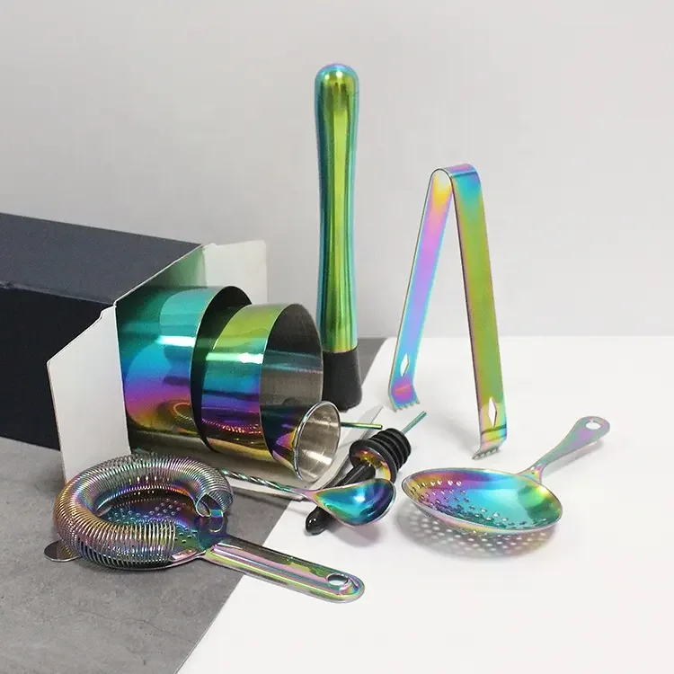 High Quality Unique Custom Logo Bar Colorful Plated Stainless Steel 10-piece Cocktail shaker set Bartender kit