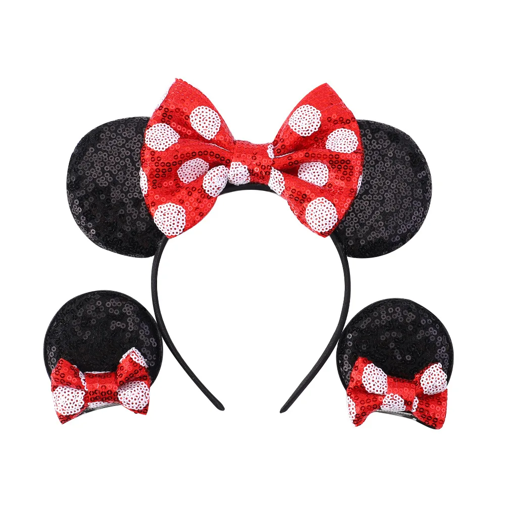 Cute Cartoon Bling Sequins Mouse Ears Hair Accessories Hair Clips Headband Set Big Bow Elastic Bands For Children