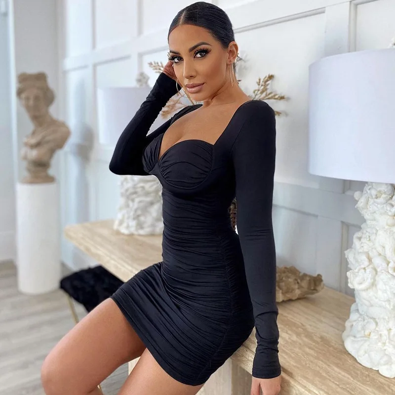 2022 summer Sexy Long Sleeve Dresses Plain Party Club Bodycon Corset Ladies Ruched Bandage Women Mini elegant casual Dress