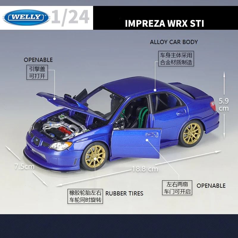 WELLY 1:24 IMPREZA WRX STI Sports Car Diecast Alloy Car Model High Simulation Model Collection Toys Gifts For Kids