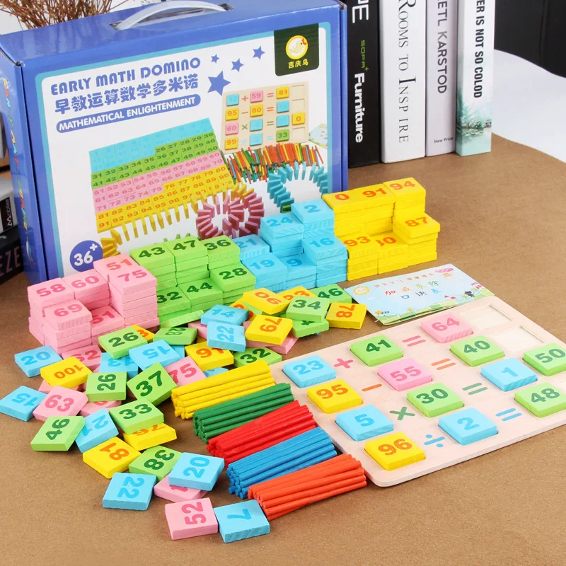 Wholesale Wooden Math Toy Educational Gift Set with 200 Math Dominoes for Kids Early Learning Cognitive Development Dropshipping