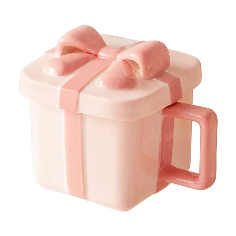 Creative Square Ceramic Mugs With Handle 400Ml Large Capacity Bowknot Gift Box Shaped Ceramic Mugs With Lids