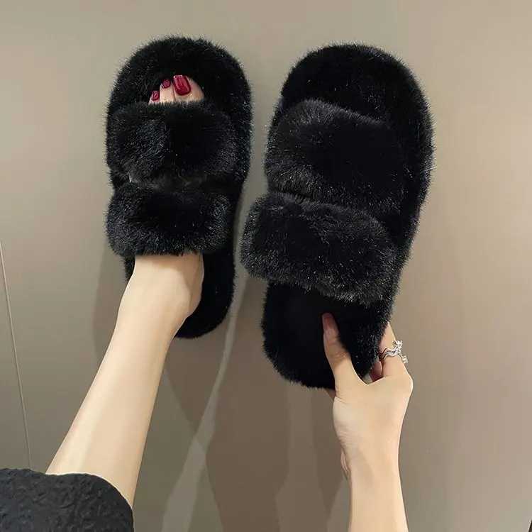 Lady fashion slippers comfortable soft flip-flops shoes comfortable fur furry slipper for woman