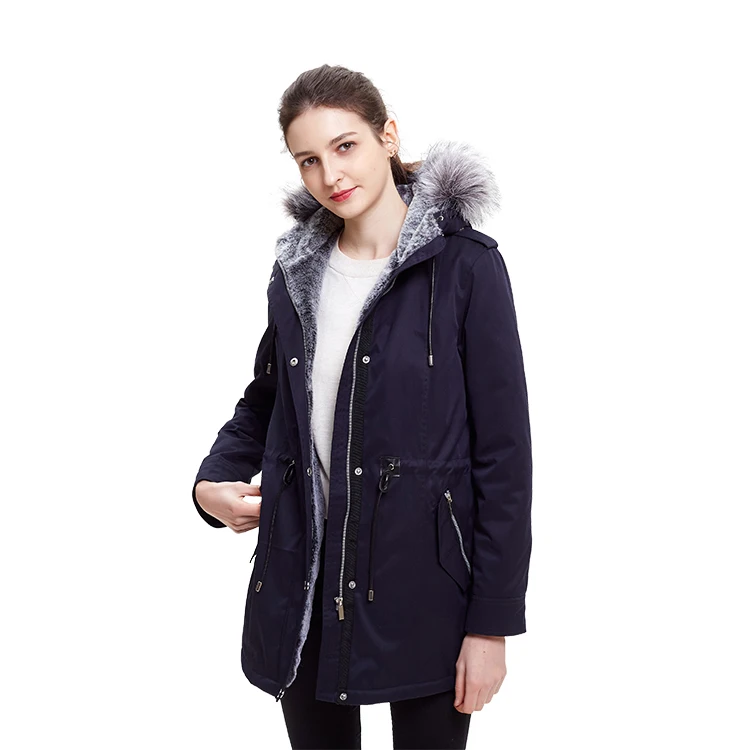 Women fashion long clothing 100 polyester jacket with real fur hood