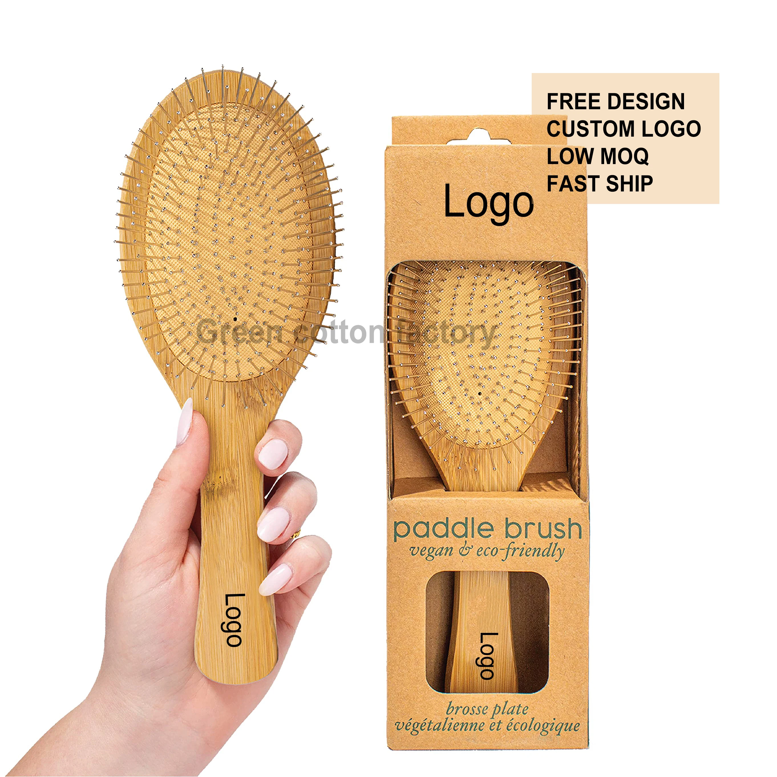 Custom Logo Beauty Bamboo Hair Brush Wooden Comb Bamboo Brushes for Wet Dry Curly Straight Hair Detangling Hairbrush for Women