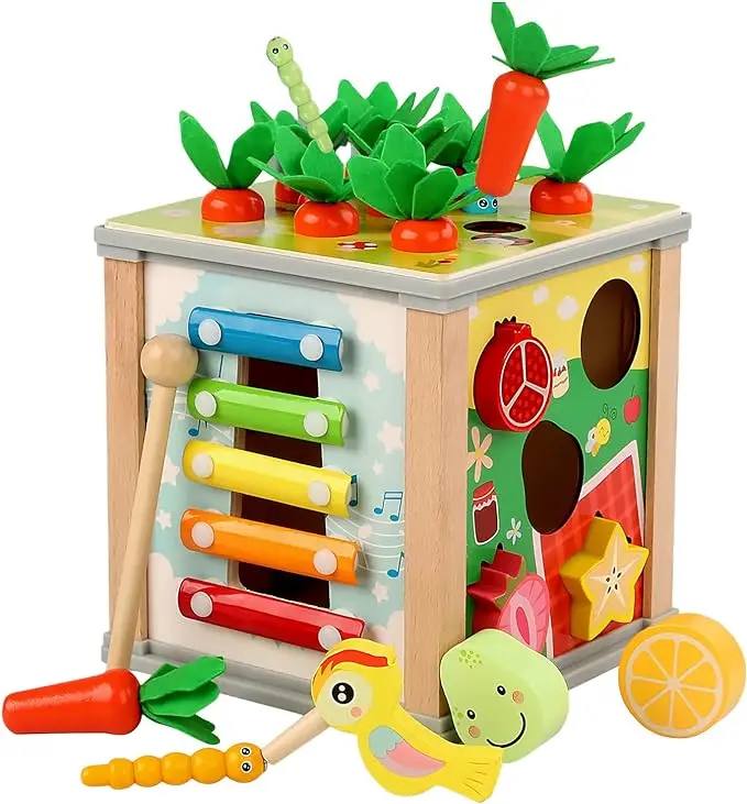 Wooden Activity Cube Toys 6 in 1 Montessori Education Learning Baby Toys with Xylophone Carrot Harvest Birthday Gift for Toddler