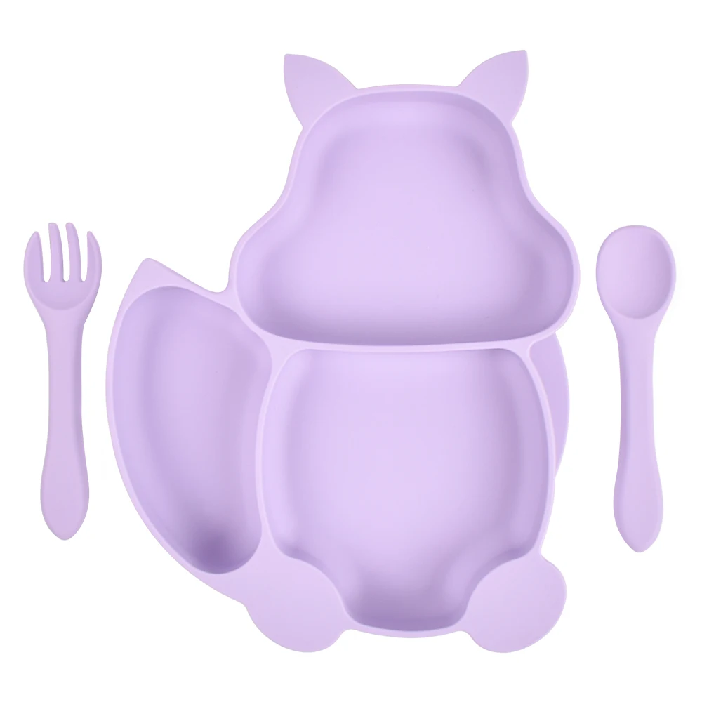 Unbreakable Divided Dish Plate Cute Squirrel Animal Children Kids Suction Silicone Baby Plate With Spoon and Fork