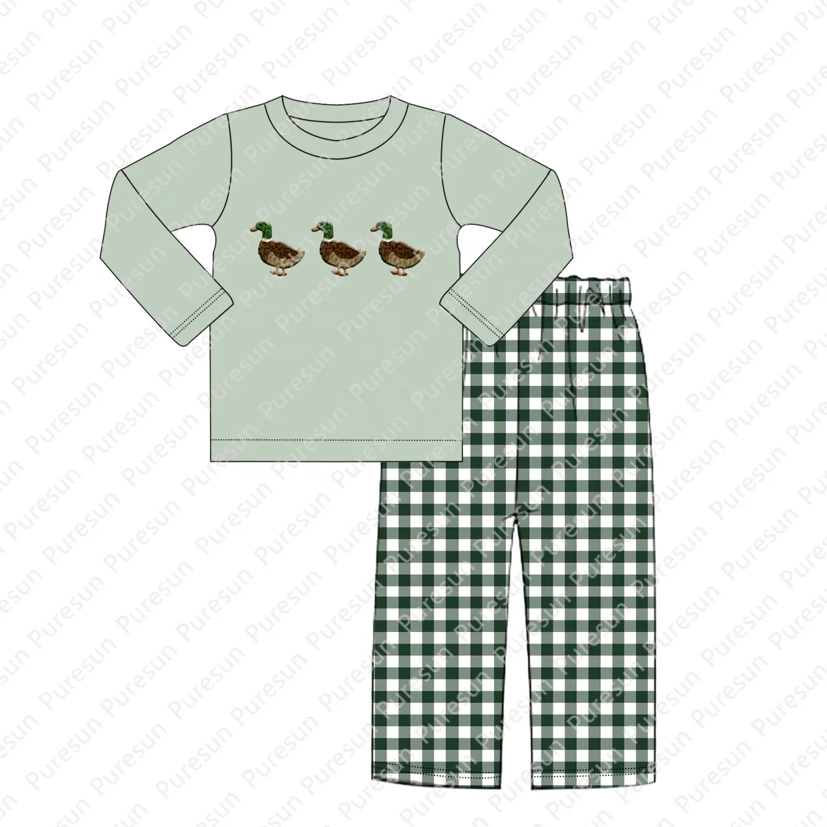 Toddler boy custom mallard ducks print Bamboo PJs wholesale baby boy two pieces outfit OEM kids long sleeve cotton pajama set