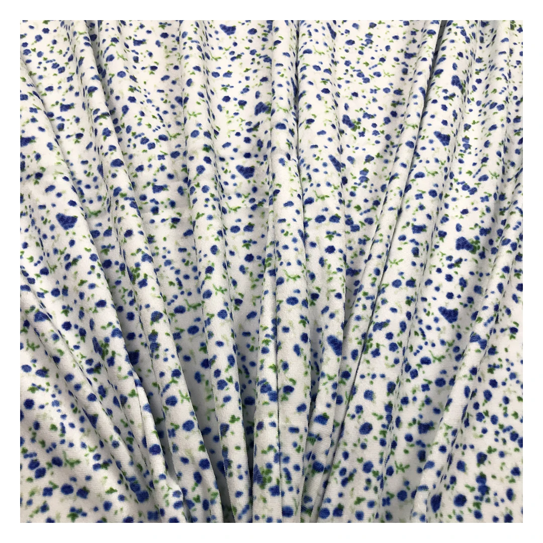 The factory outlet blue flower pattern 100% polyester two way stretch custom print velvet fabric for garment