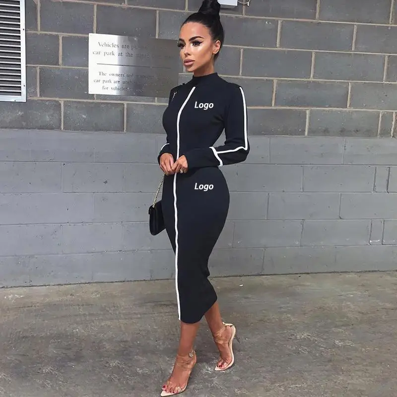 2022 Custom Logo Apparel Long Sleeve Spliced Side Letter Dresses Street Wear Plain Dye Summer Dress Blank Women Casual Dresses