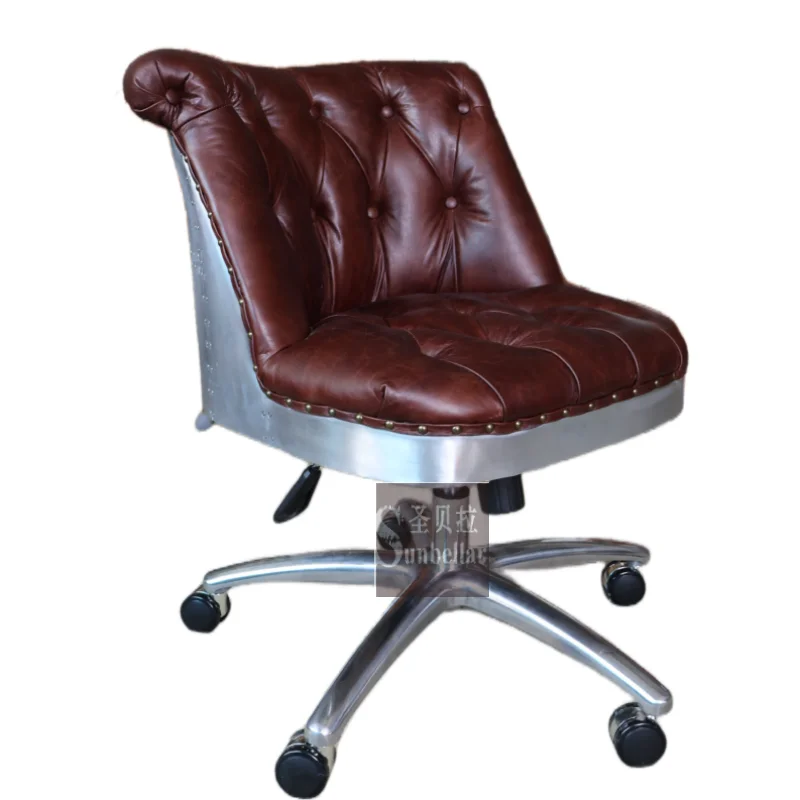 Hot selling swivel chair deep buttons back brown genuine leather Aluminium back vintage desk chair luxury home office chair
