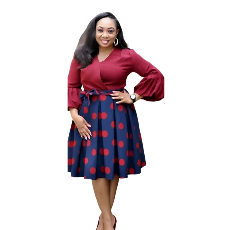 African Fashion Plus Size Women Clothing Dot Printed Cross V-neck Elegant Oversize Mother Apparel A-line Casual Midi Dress