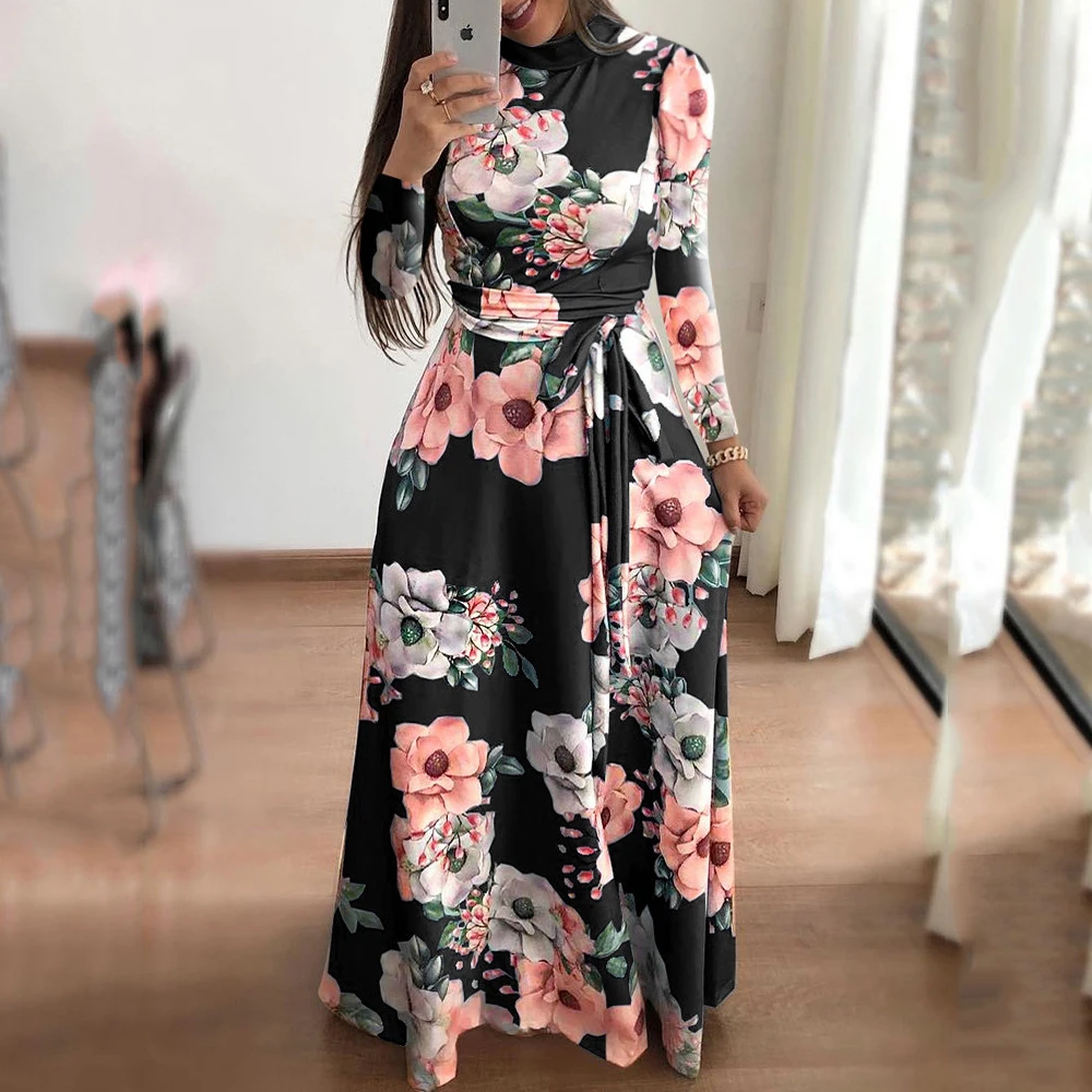 
Autumn New Design Long Sleeve Floral Print High Collar Women Boho Beach Maxi Long Casual Dresses 