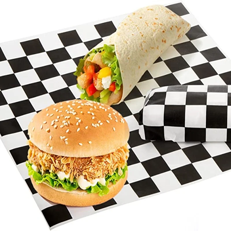 500pcs customized rectangle square food wrappers printed baking oil paper greaseproof black and white checkered parchment paper