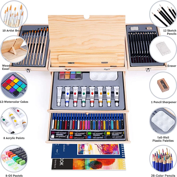 85 Piece Deluxe Wooden Art Set Crafts Drawing Painting Kit with Easel and 2 Drawing Pads