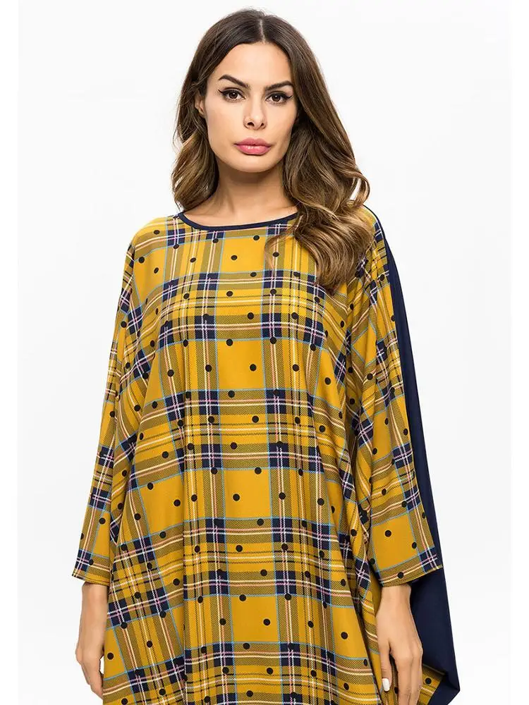 
AliExpress exclusively for Middle Eastern Muslim Bat Sleeve Loose Panel Plaid Robe Dress Muslim Dresses And Abaya For Woman 