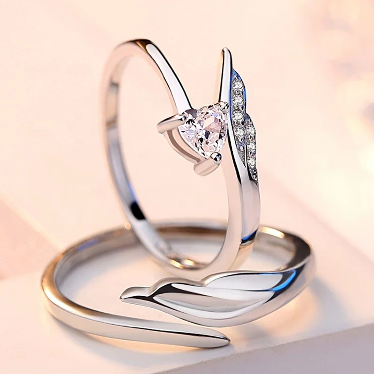 Fashion Angel Wing Couple Ring Zircon Wedding Engagement Ring 925 Sterling Silver