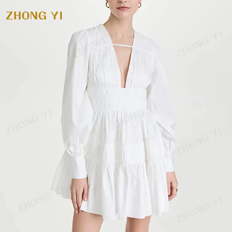 Custom Women Cotton Fabric V-Neck With Button Cuffs Plead A Line Skirt Ruched Mini White Tunic Long Sleeve Casual Short Dresses