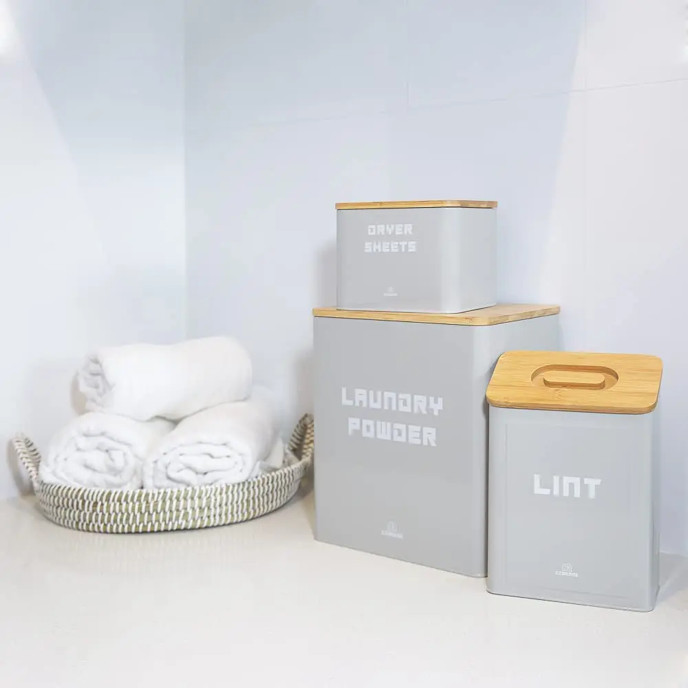 Modern Farmhouse Bamboo Lid Storage Container Set Magnetic Lint Bin & Scent Booster Holder Laundry Powder Modern Farmhouse Style