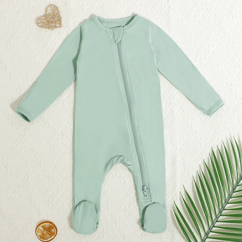 New Born Baby Clothes Diagonal Zip Front with Neck Protection Cover Long Sleeve Bamboo Material Baby Romper