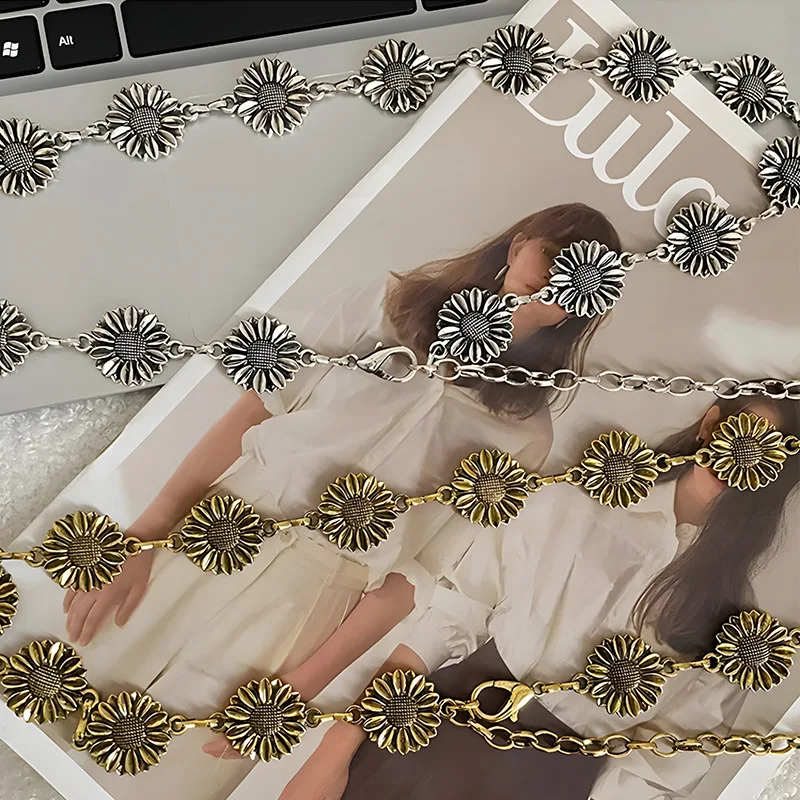 2024 Vintage Metal Sunflower Waist Chain Women New Summer All-Match Dress Design Decorative All-Match Dress Metal Belts