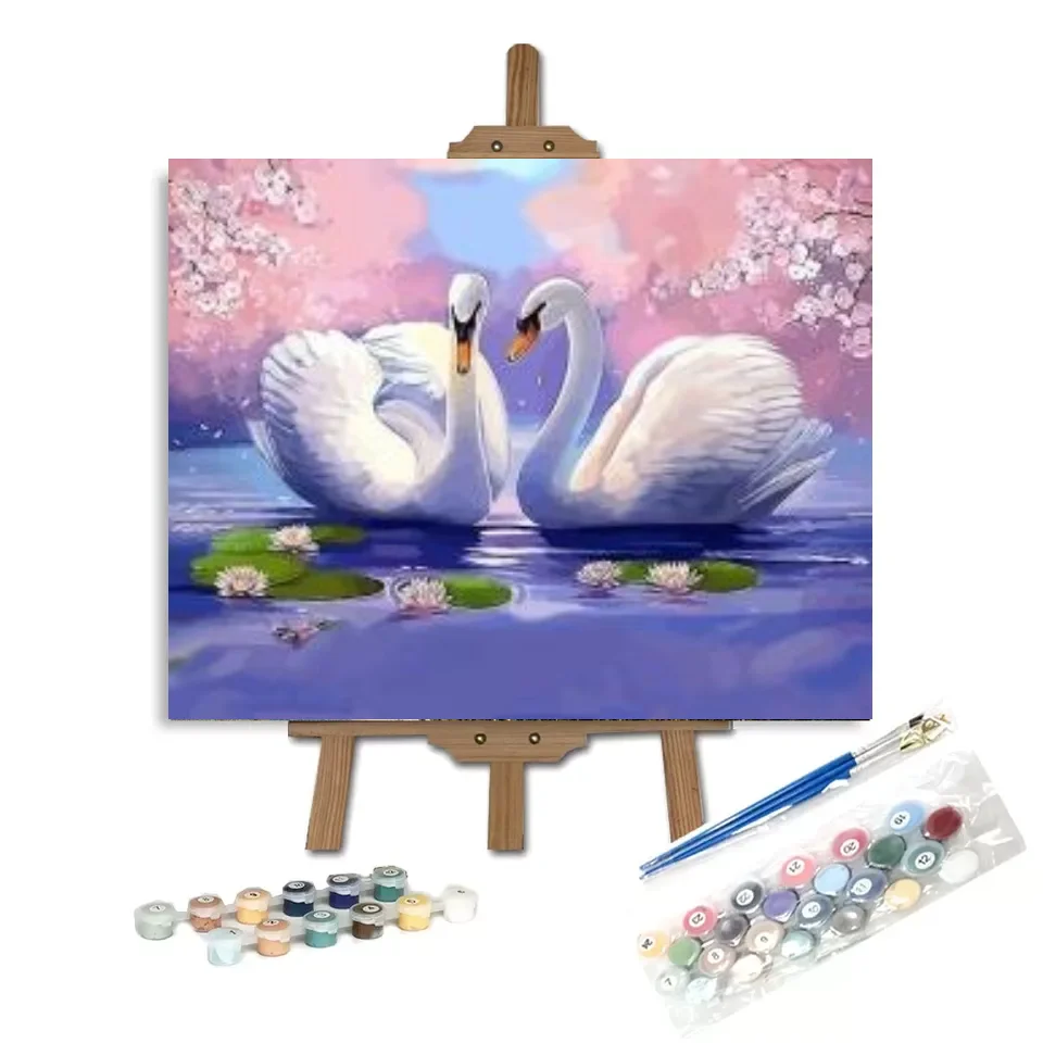 Le-58 Wall decoration painting size 40*50 animal style swan button paint linen material stretch frame painting by numbers