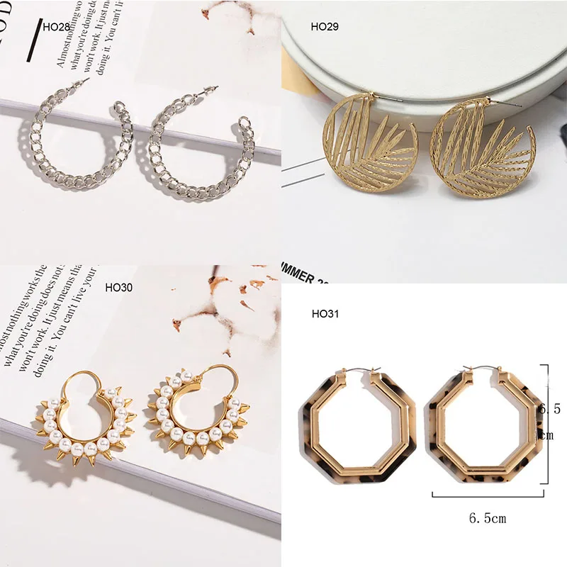 New vintage circle alloy oversized big hoop pearl gold plated earrings C-shaped geometric metal earrings for women hoop mix