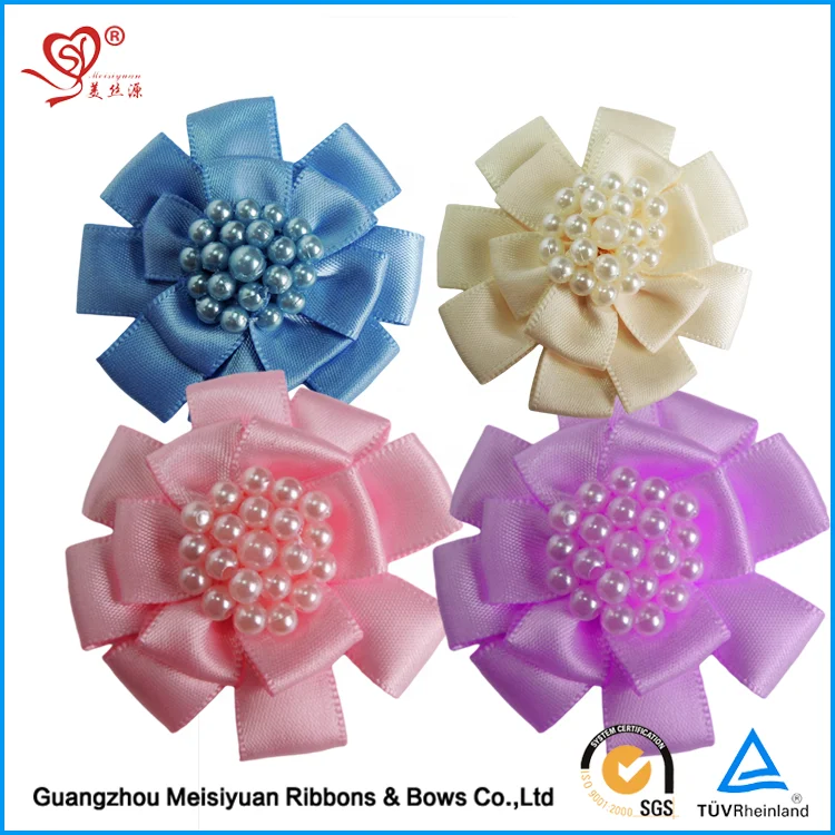 Wholesale Garment Decorative Flower Handmade Satin Ribbon Flowers With Pearls