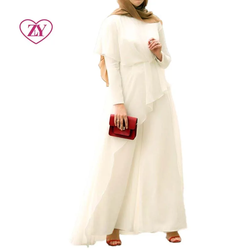 White Muslim Jumpsuit Easy-wearing with Waist Belt Embellished Stones Modest Islamic Attire Gown Abaya Hijab Dresses Not Lined
