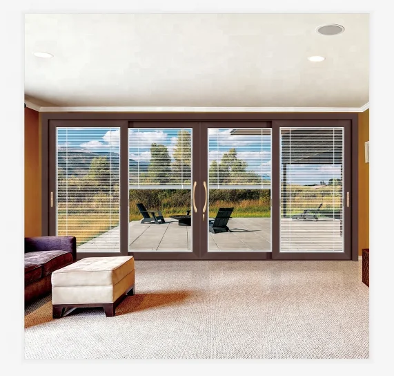 
4 panel thermal break alu flush high quality sliding glass door with built-in blinds 