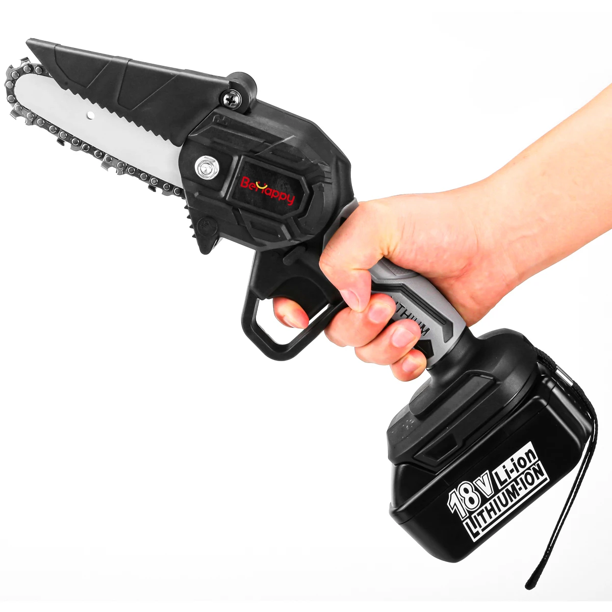 BEHAPPY 4 Inch rechargeable cordless mini electric chain saw garden logging lithium electric pruning chainsaw with plastic box