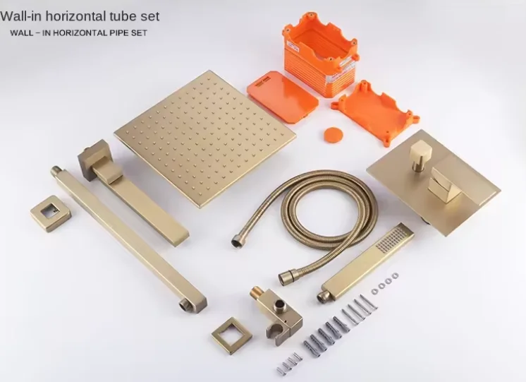 Concealed Shower Waterfall Rain Bathroom 180 rotary Square Brushed Gold bath shower set