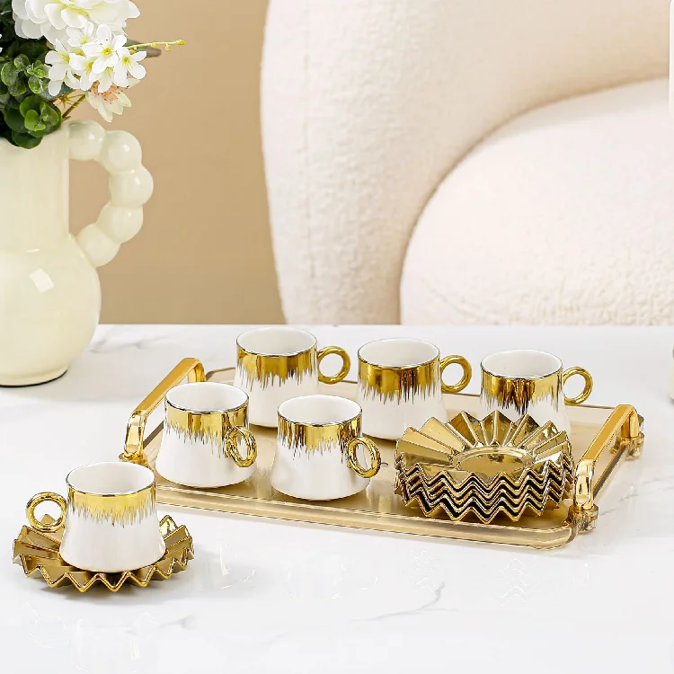 Middle East Arabic GoldPlated Ceramic Coffee espresso Cup with Saucer Set of 6 Cups Tray European Style Gift Box for Export