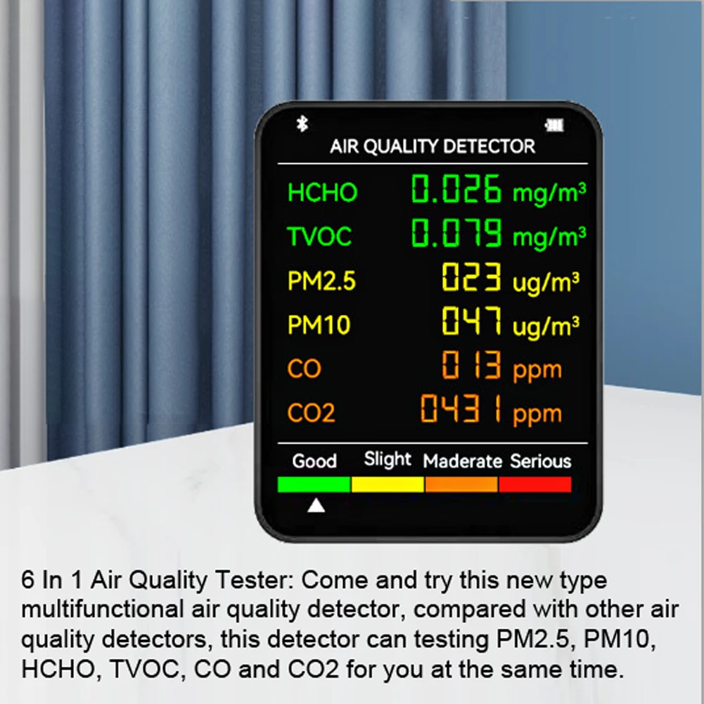6 In 1 PM2.5 PM10 HCHO TVOC CO CO2 Air Quality Detector CO Carbon Dioxide Formaldehyde Monitor LCD Large Screen CO2 Meter