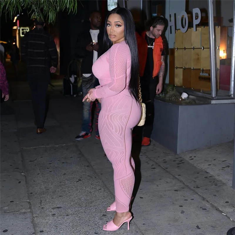 Wholesale fashion black hollow out see through bodycon jumpsuit long sleeve knitted one piece jumpsuits women