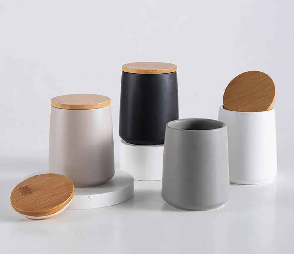 Grey Tea Coffee Sugar Canisters with Bamboo Lids Kitchen Canister