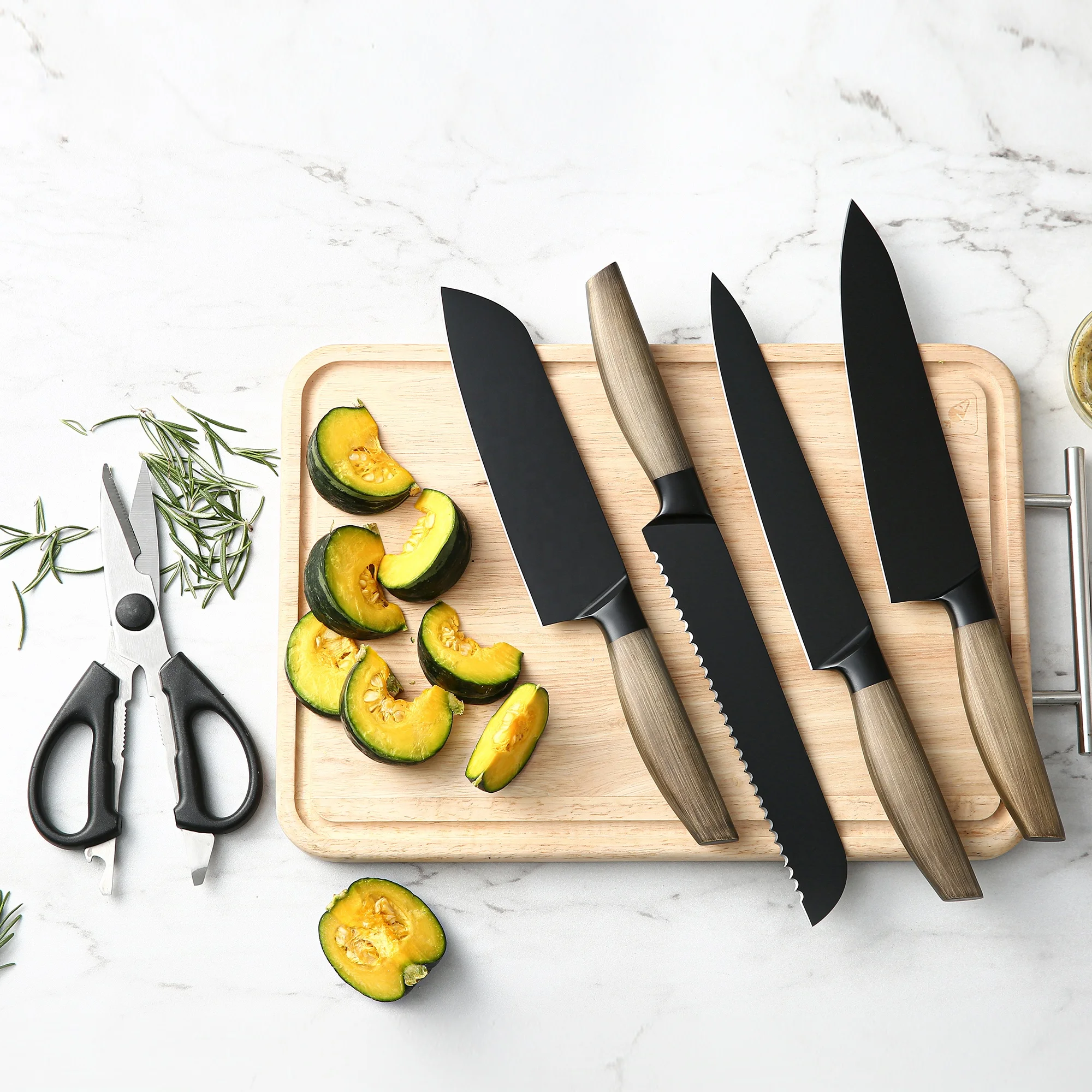 6 Pieces Brown Stainless Steel Hollow Handle Knife Set Ultra Sharp Kitchen Santoku Chef Knives For Home Restaurant