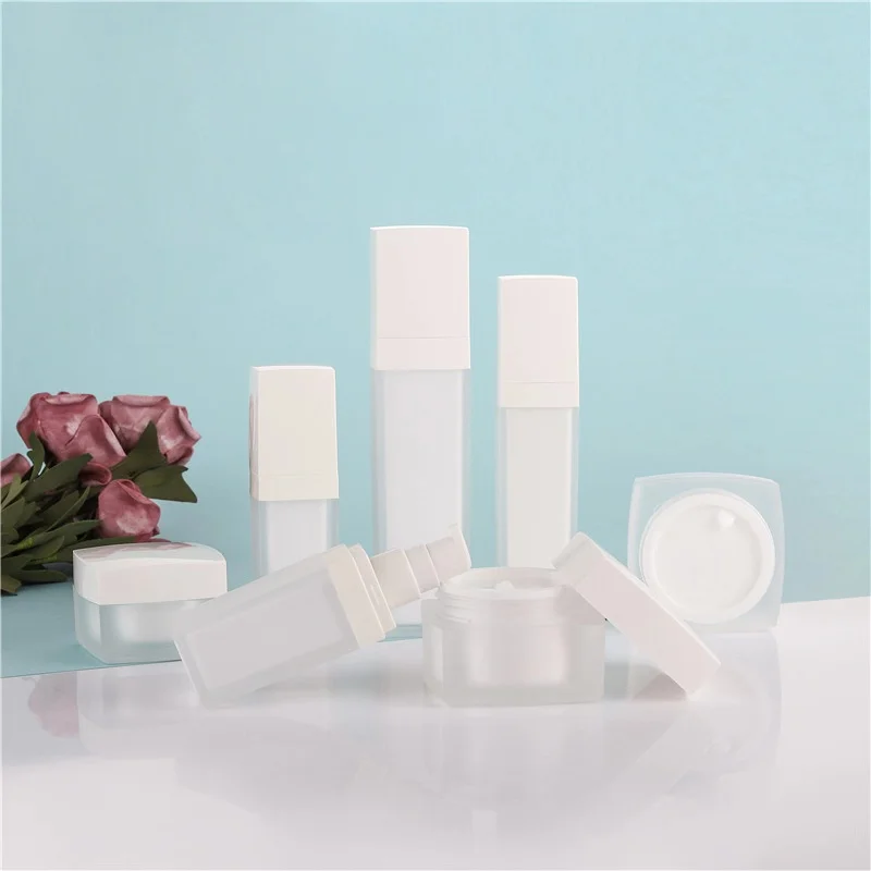 Cosmetics white acrylic square pump bottle 30ml 50ml 100ml and acrylic face cream jar 30g 50g
