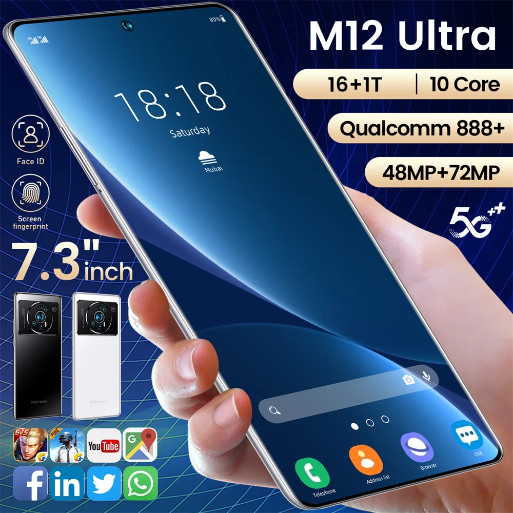 2023 New Arrival 5G Cell Phone M12 Ultra 16GB+1T Original Mobile Phones With GPS BT WiFi Android Global Unlocked Smartphone